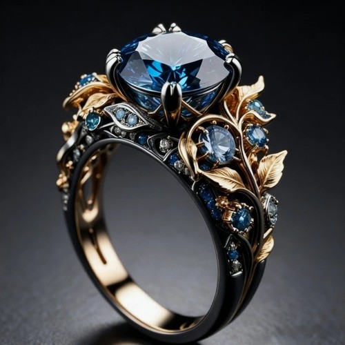 Blue zircon ring retro leaf - zircon,